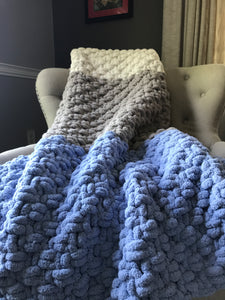 Periwinkle, Gray and Ivory Blanket | Chunky Knit Blanket - Hands On For Homemade