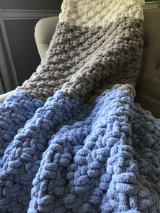 Periwinkle, Gray and Ivory Blanket | Chunky Knit Blanket - Hands On For Homemade