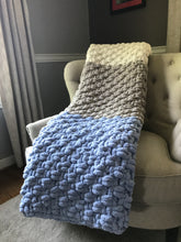 Load image into Gallery viewer, Periwinkle, Gray and Ivory Blanket | Chunky Knit Blanket - Hands On For Homemade
