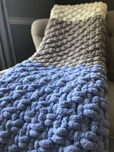 Load image into Gallery viewer, Periwinkle, Gray and Ivory Blanket | Chunky Knit Blanket - Hands On For Homemade