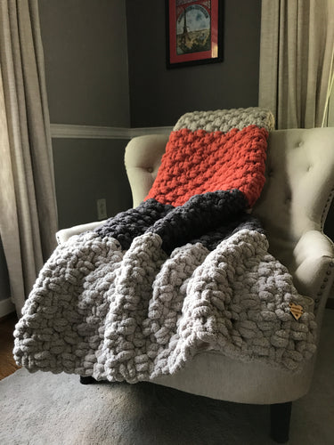 Gray and Pumpkin Spice Throw | Chunky Knit Blanket - Hands On For Homemade