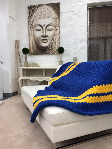Royal Blue and Yellow Throw | Chunky Knit Blanket - Hands On For Homemade