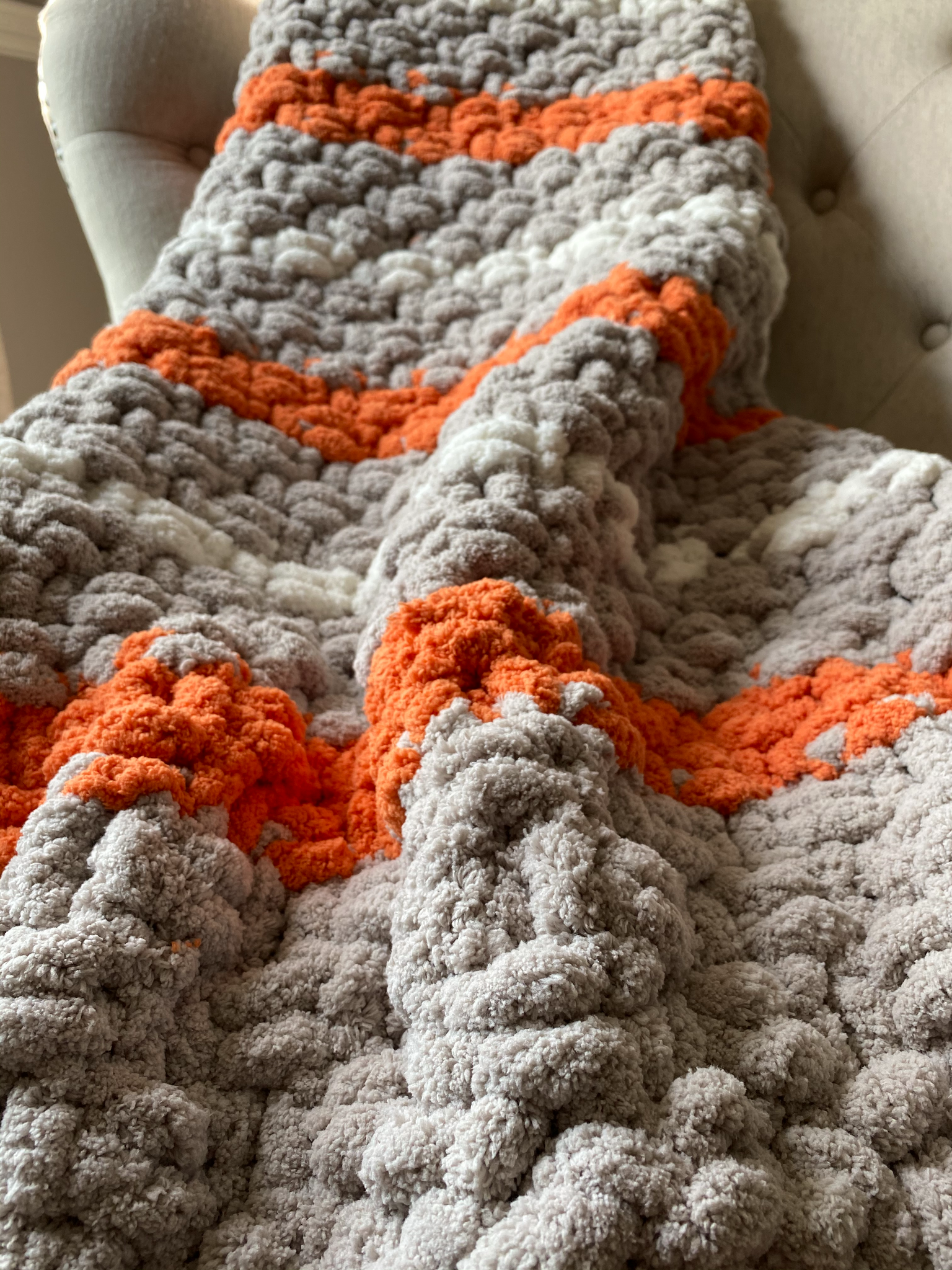 Chunky Knit Tassel Blanket Gray and Orange Striped Tassel