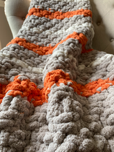 Load image into Gallery viewer, Chunky Knit Tassel Blanket | Gray and Orange Striped Tassel Blanket - Hands On For Homemade