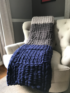 Chunky Knit Blanket | Navy and Gray Striped Throw - Hands On For Homemade