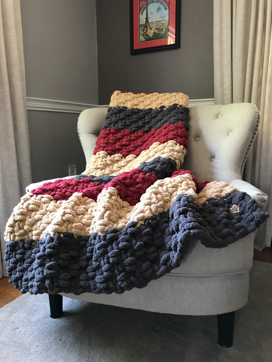 Chunky Knit Blanket - Red Beige and Gray Knit Throw - Soft Chenille Knit Blanket - Hands On For Homemade