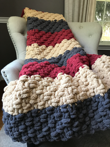 Chunky Knit Blanket - Red Beige and Gray Knit Throw - Soft Chenille Knit Blanket - Hands On For Homemade