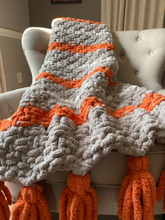 Load image into Gallery viewer, Chunky Knit Tassel Blanket | Gray and Orange Striped Tassel Blanket - Hands On For Homemade