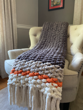 Load image into Gallery viewer, Chunky Knit Fringe Blanket | Gray and Orange Knit Throw - Hands On For Homemade