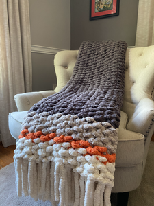 Chunky Knit Fringe Blanket | Gray and Orange Knit Throw - Hands On For Homemade