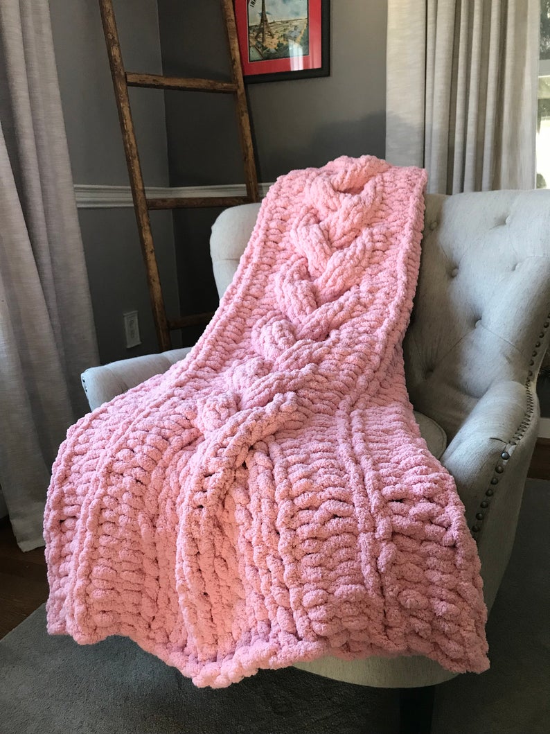 Large Pink Cable Throw Light Pink Knit Blanket Pink Throw Knit