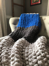 Load image into Gallery viewer, Chunky Knit Blanket | Gray and Royal Blue Knit Throw - Hands On For Homemade