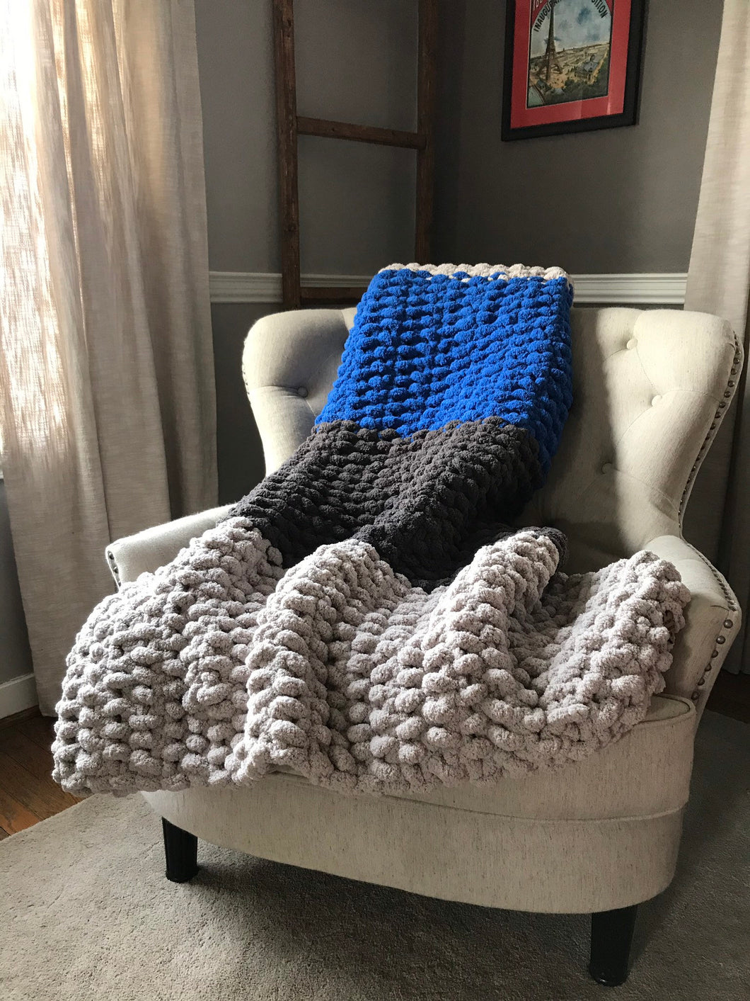 Chunky Knit Blanket | Gray and Royal Blue Knit Throw - Hands On For Homemade